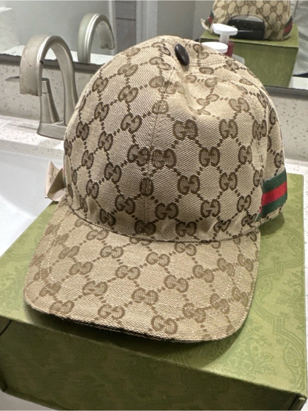 Gucci Beige GG Monogram Baseball Cap with Green-Red Web Stripe